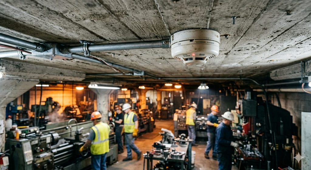 Detector de fumaça fotoelétrico instalado no teto de concreto de uma planta industrial, com maquinário em operação ao fundo