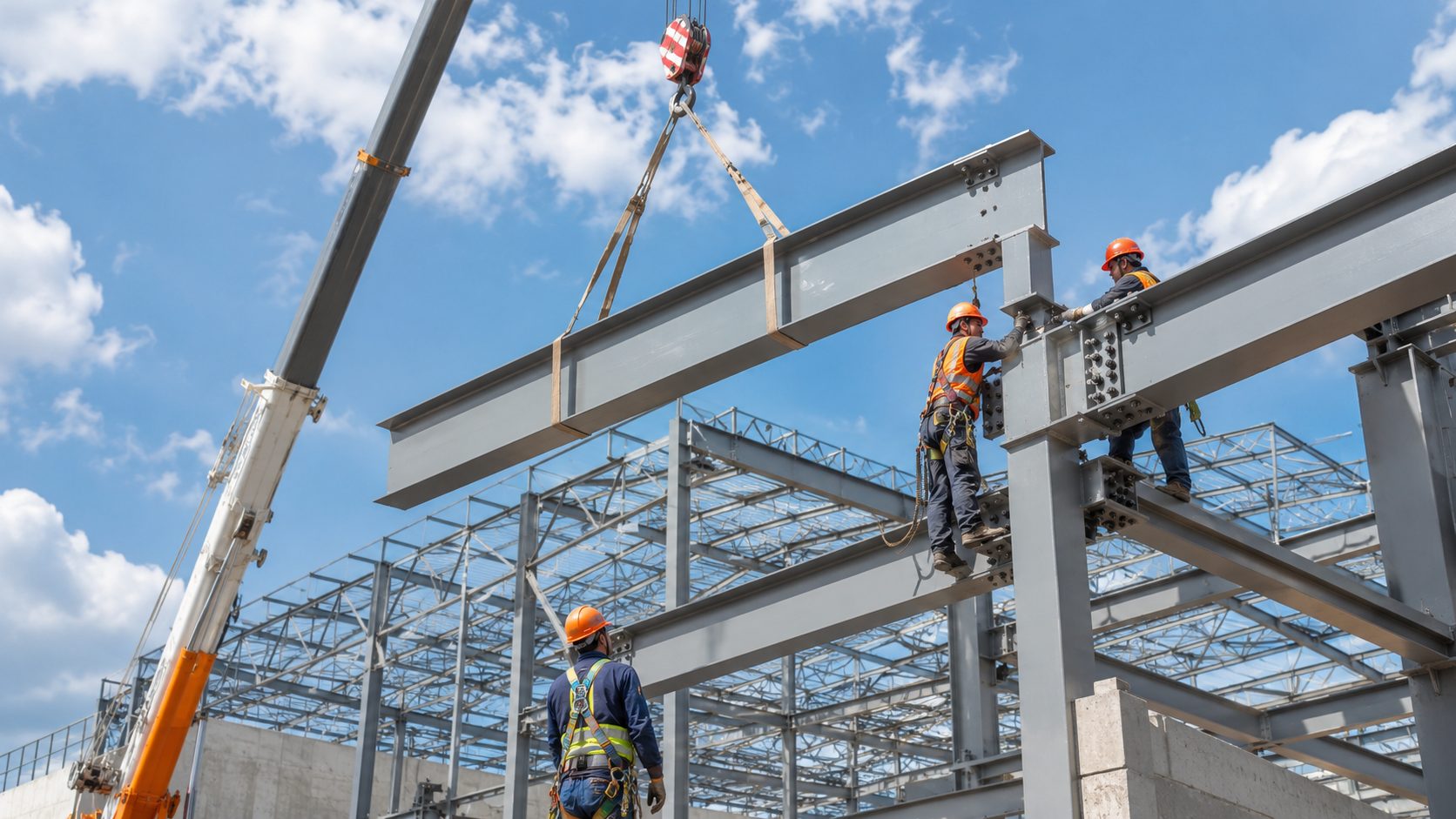 Montagem de estruturas metálicas industriais: guindaste içando viga de aço enquanto montadores com EPI fixam ligações em galpão metálico