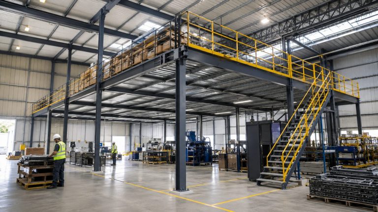 Mezanino industrial em estrutura metálica dentro de galpão, com guarda-corpo e escada de acesso