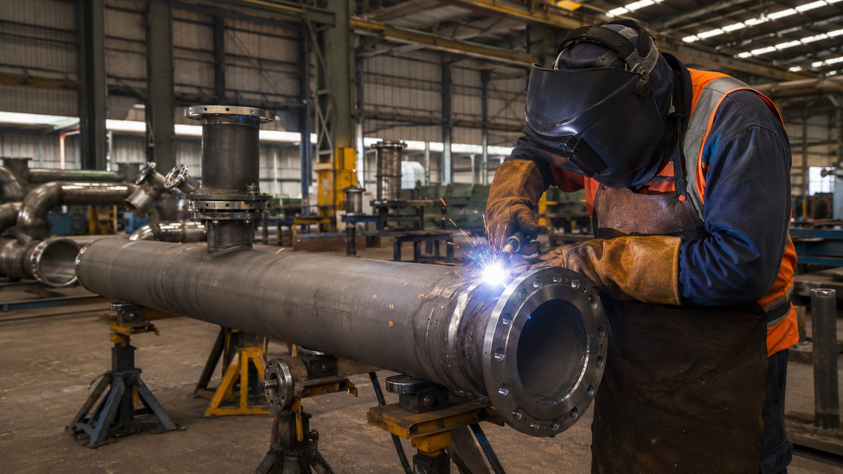 Montagem de tubulacao industrial soldagem de flange em spool de aço sobre cavaletes em oficina de prefabricacao